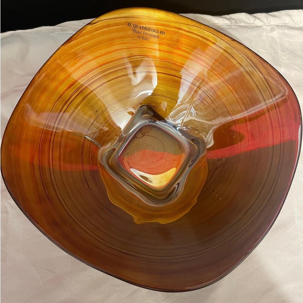 IL Quadrifoglio Amber Swirl Glass Bowl Vintage 1980s Made in Italy Square 8in